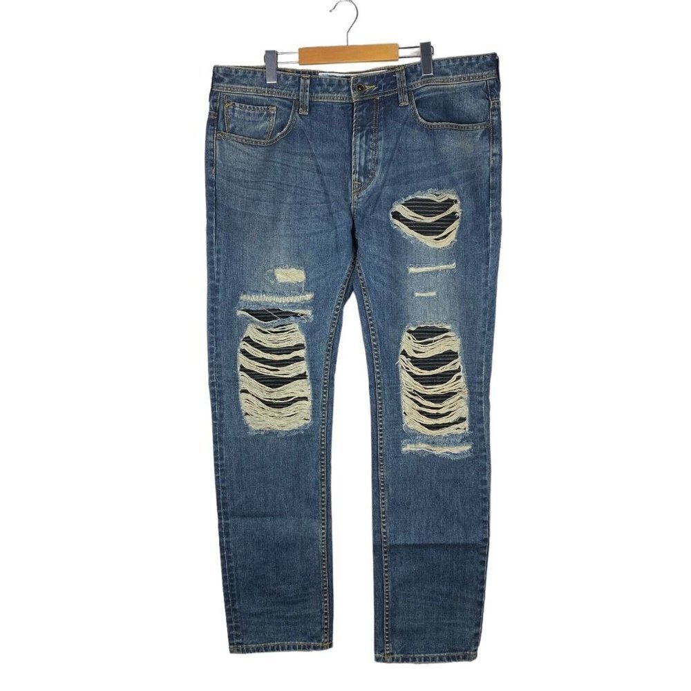 Parasuco Men's Blue Mike Fit Destroyed Medium Rise Classic Slim Jeans 38 x 34